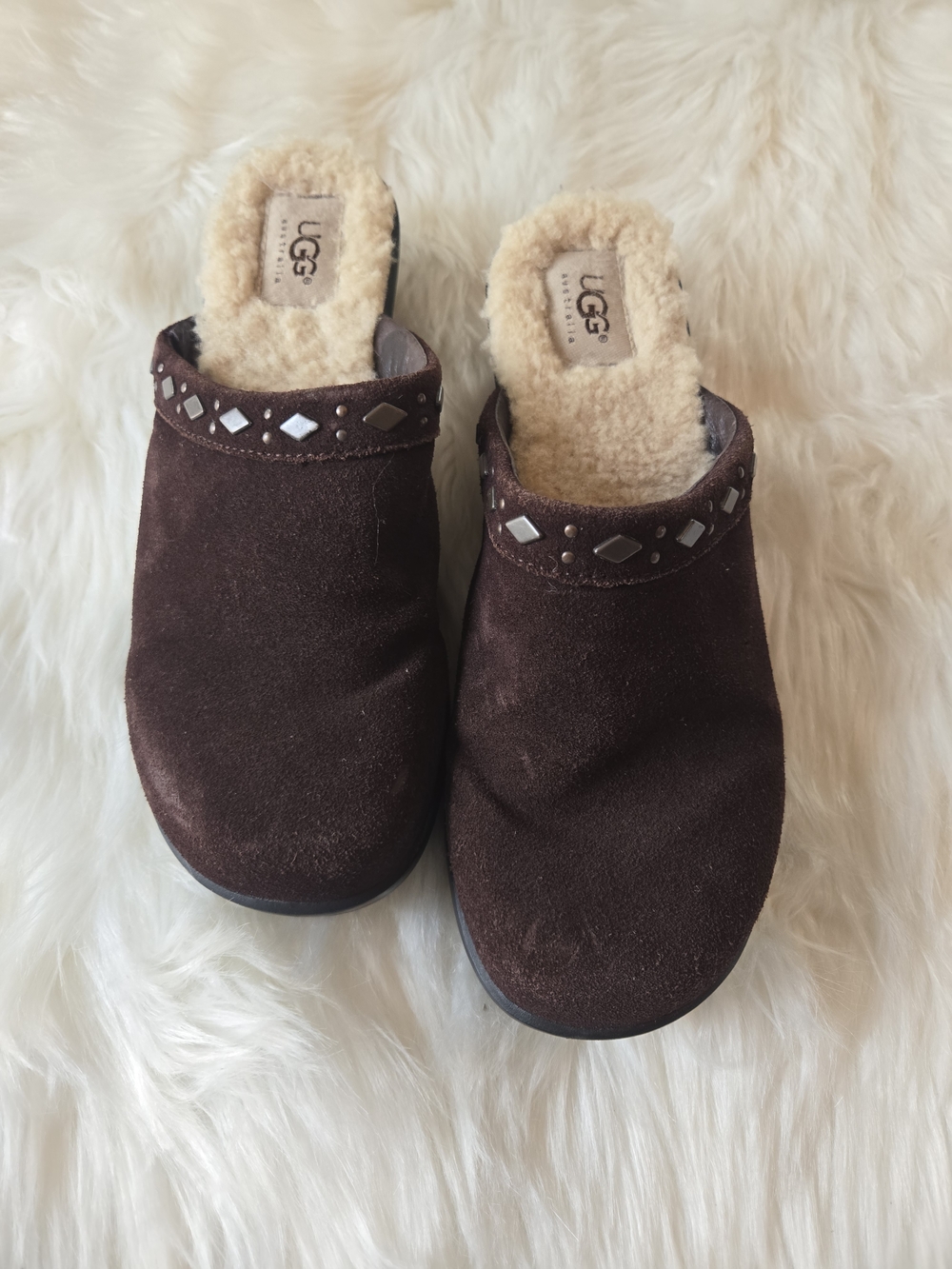 UGG Chocolate Brown Suede Shearling Clog Slides with Stud Accents